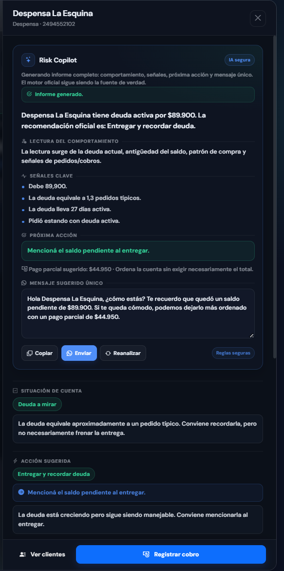 Pantalla real de DistribuYa con lectura individual de riesgo, señales clave, próxima acción y mensaje sugerido para un cliente