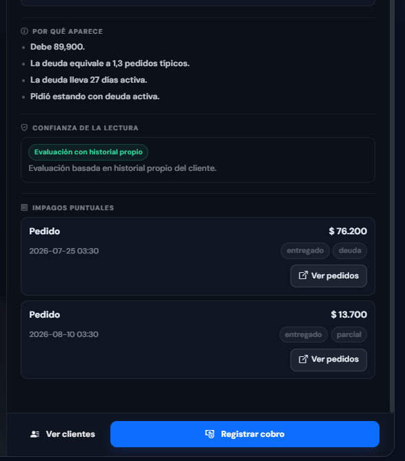 Pantalla real de DistribuYa con motivos de la evaluación de riesgo, confianza de la lectura e impagos puntuales del cliente