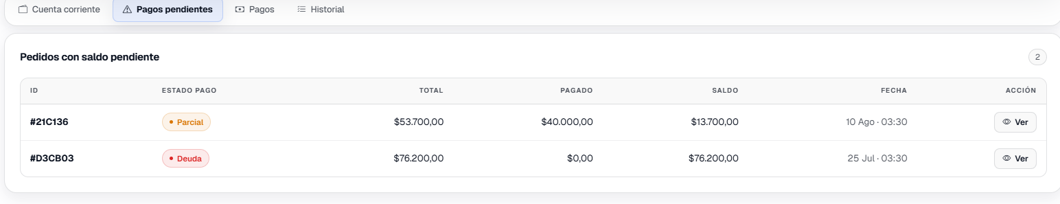 Pantalla real de DistribuYa con pestaña de pagos pendientes y tabla de pedidos con saldo pendiente
